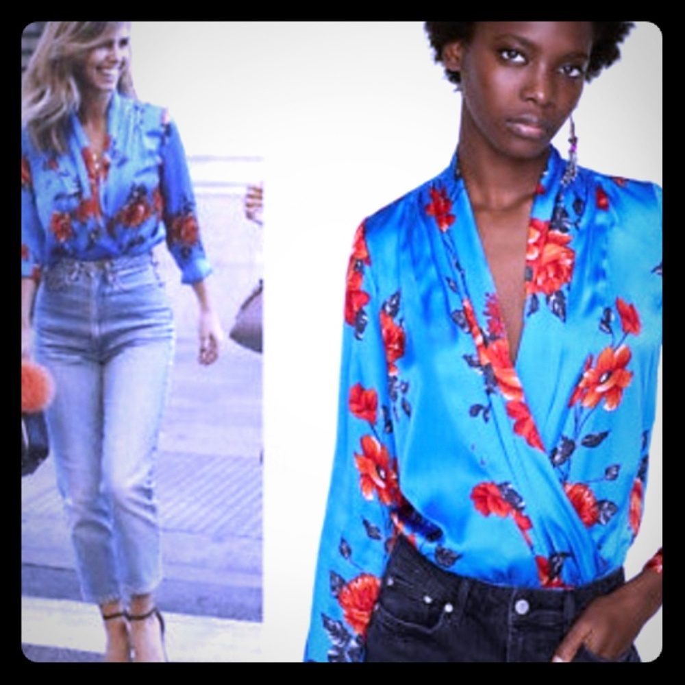 ZARA blue with red flowers silk body suit.